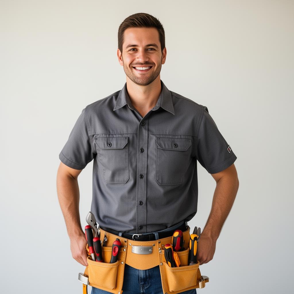 Friendly confident handyman with tool belt